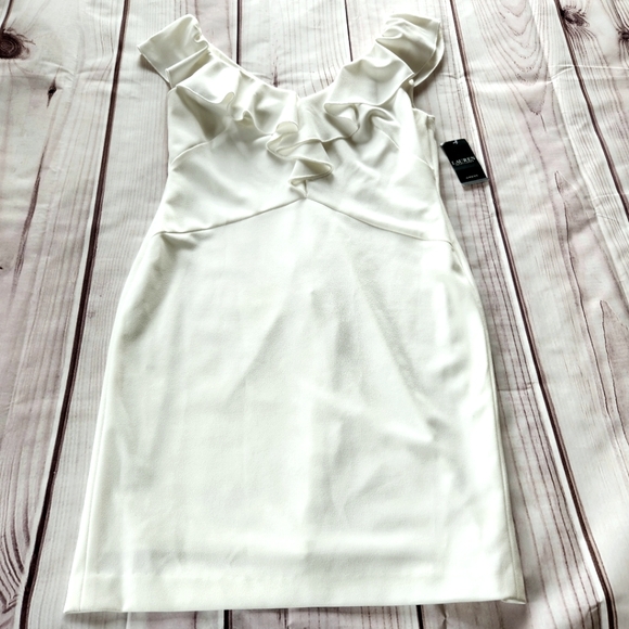 NWT Lauren Ralph Lauren Ruffle V-neck Sheath Dress Cream White | Women's Size 12 - Picture 1 of 11